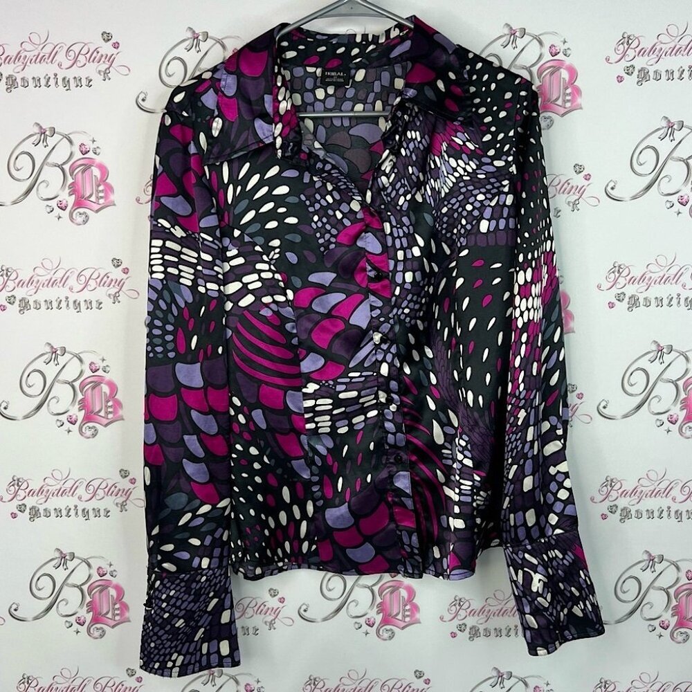 Tribal button up dotted shiny pink collared Black and Purple Button Down Shirt